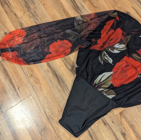 Fashion Nova Black and Red Mesh Floral Bodysuit - Picture 7 of 8